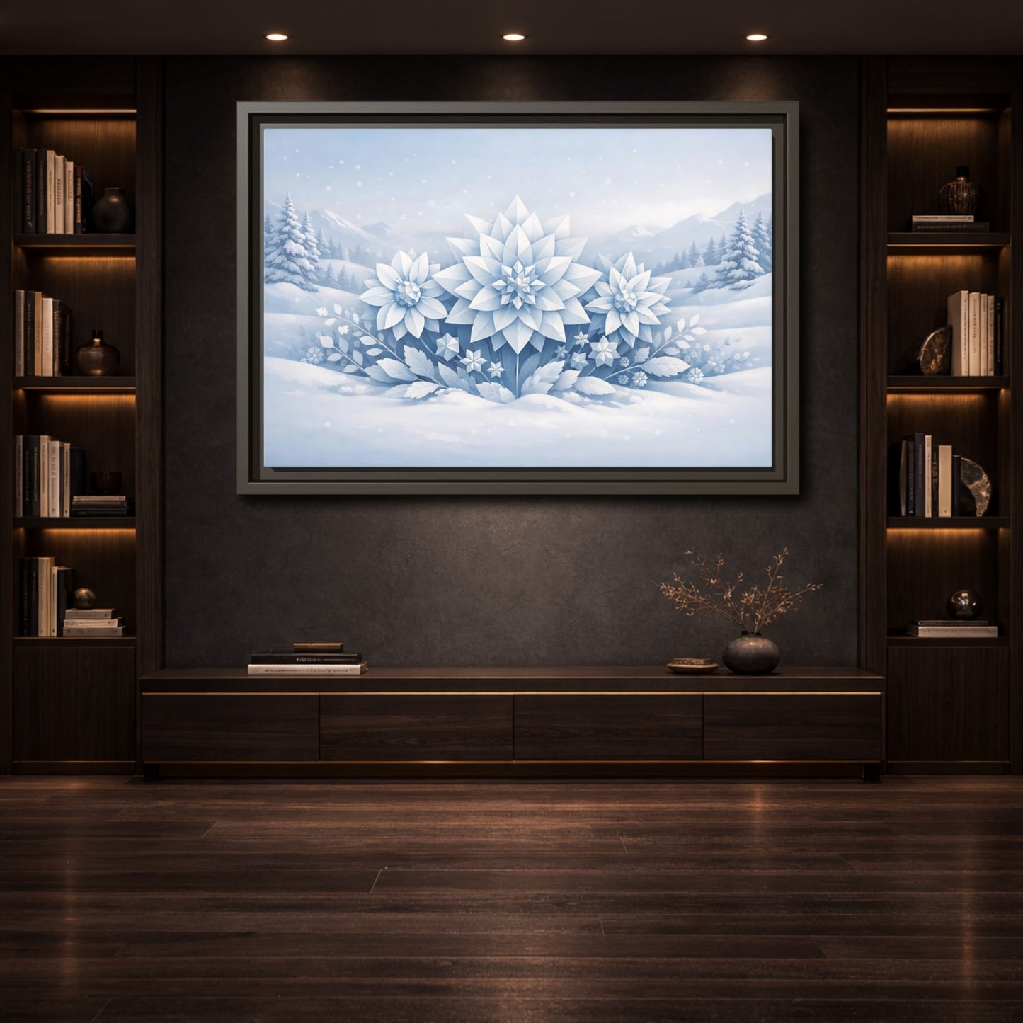 Mockup 3. Nature Winter Flowers Blue And White Winter shown as stretched canvas wall art