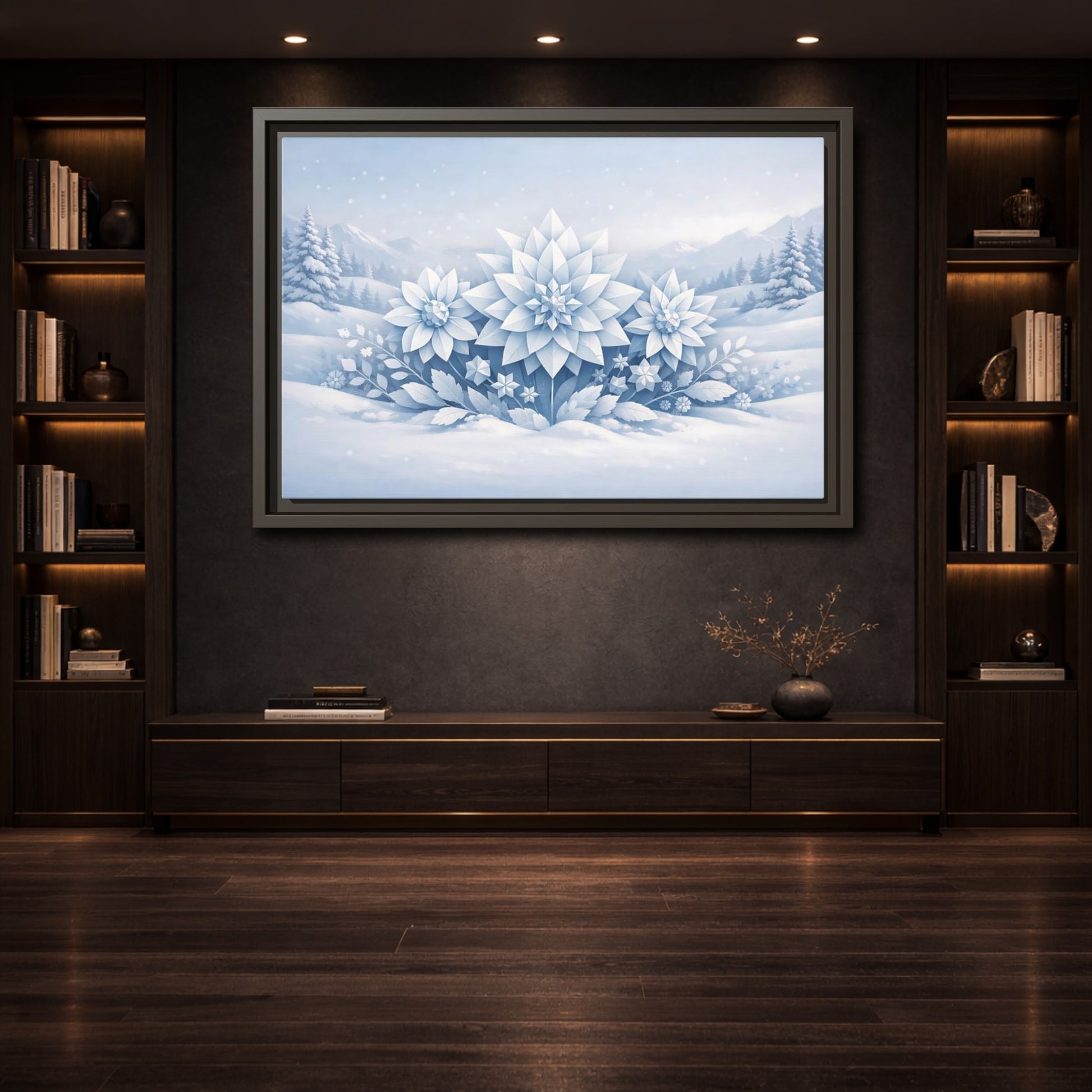 Mockup 3. Nature Winter Flowers Blue And White Winter shown as stretched canvas wall art