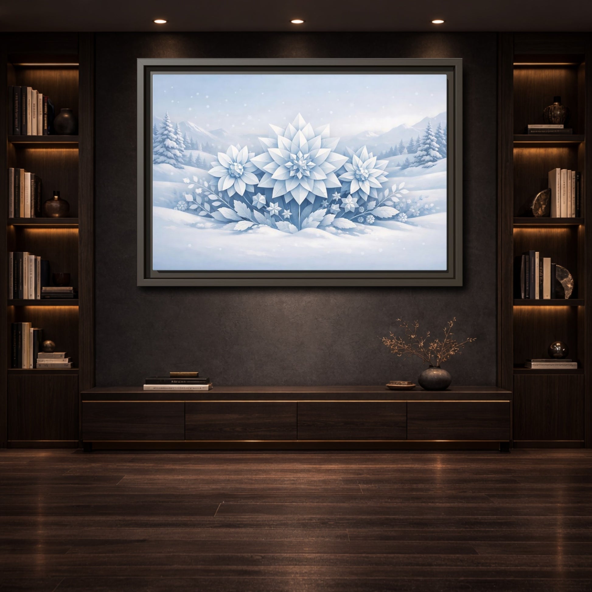 Mockup 3. Nature Winter Flowers Blue And White Winter shown as stretched canvas wall art