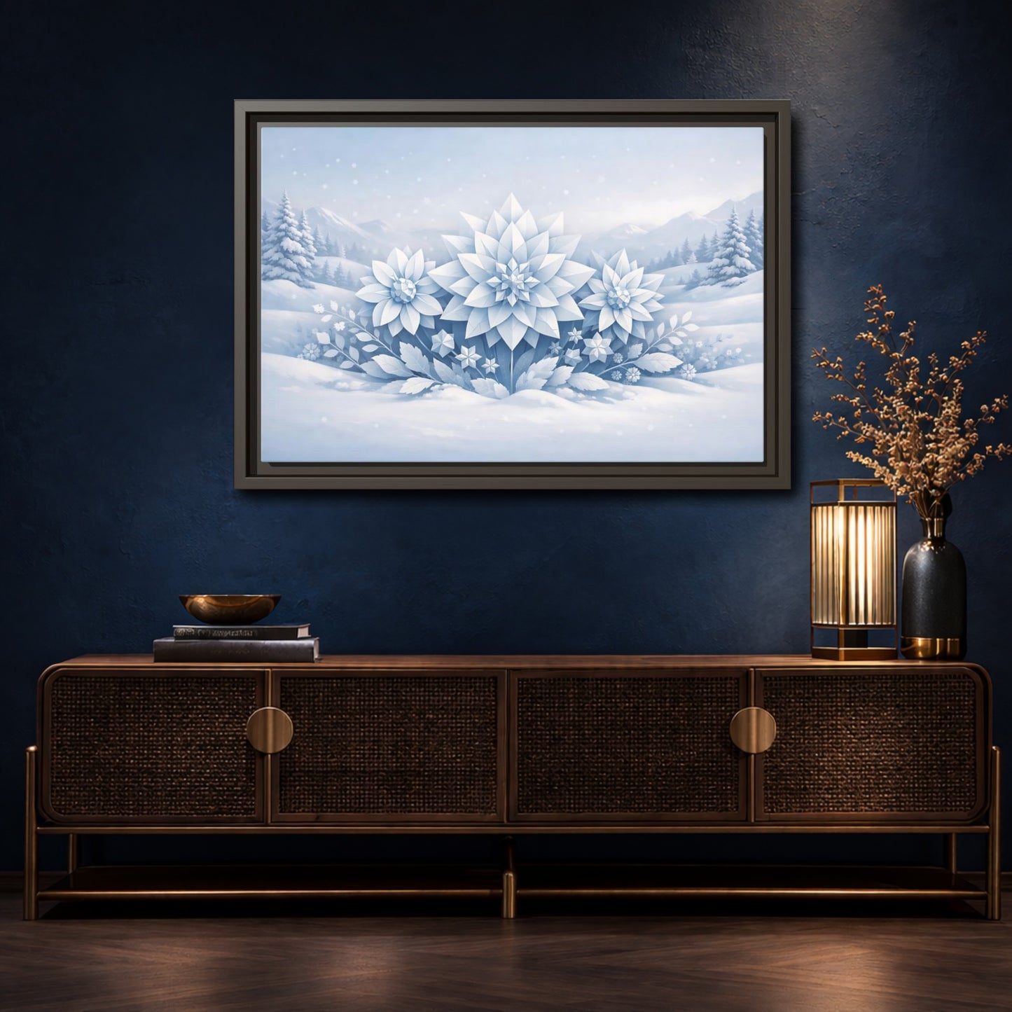 Mockup 4. Nature Winter Flowers Blue And White Winter shown as stretched canvas wall art