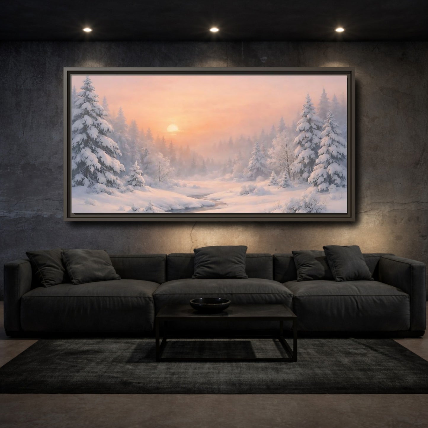 Mockup 2. Nature Winter Forest Pink Winter Landscape shown as stretched canvas wall art