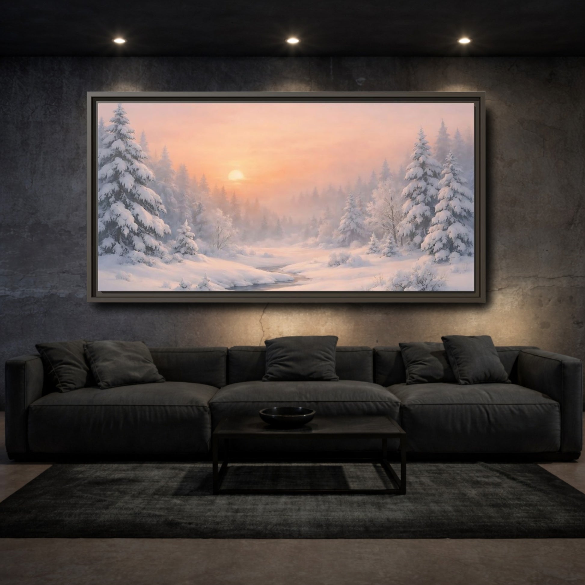 Mockup 2. Nature Winter Forest Pink Winter Landscape shown as stretched canvas wall art