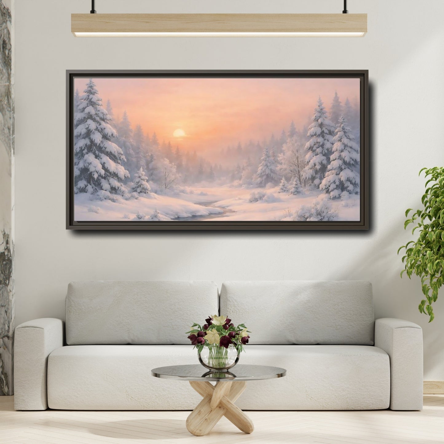Mockup 3. Nature Winter Forest Pink Winter Landscape shown as stretched canvas wall art