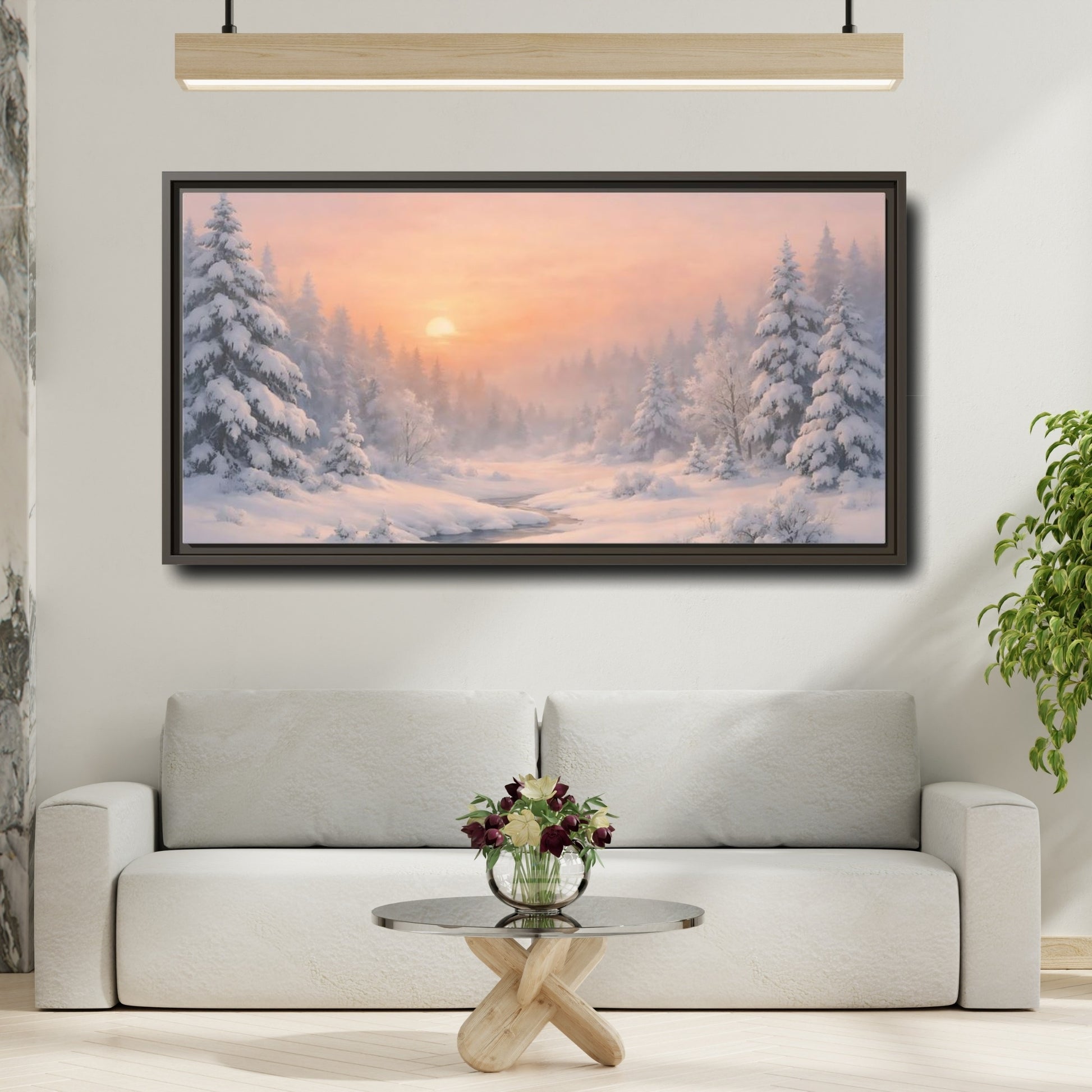 Mockup 3. Nature Winter Forest Pink Winter Landscape shown as stretched canvas wall art