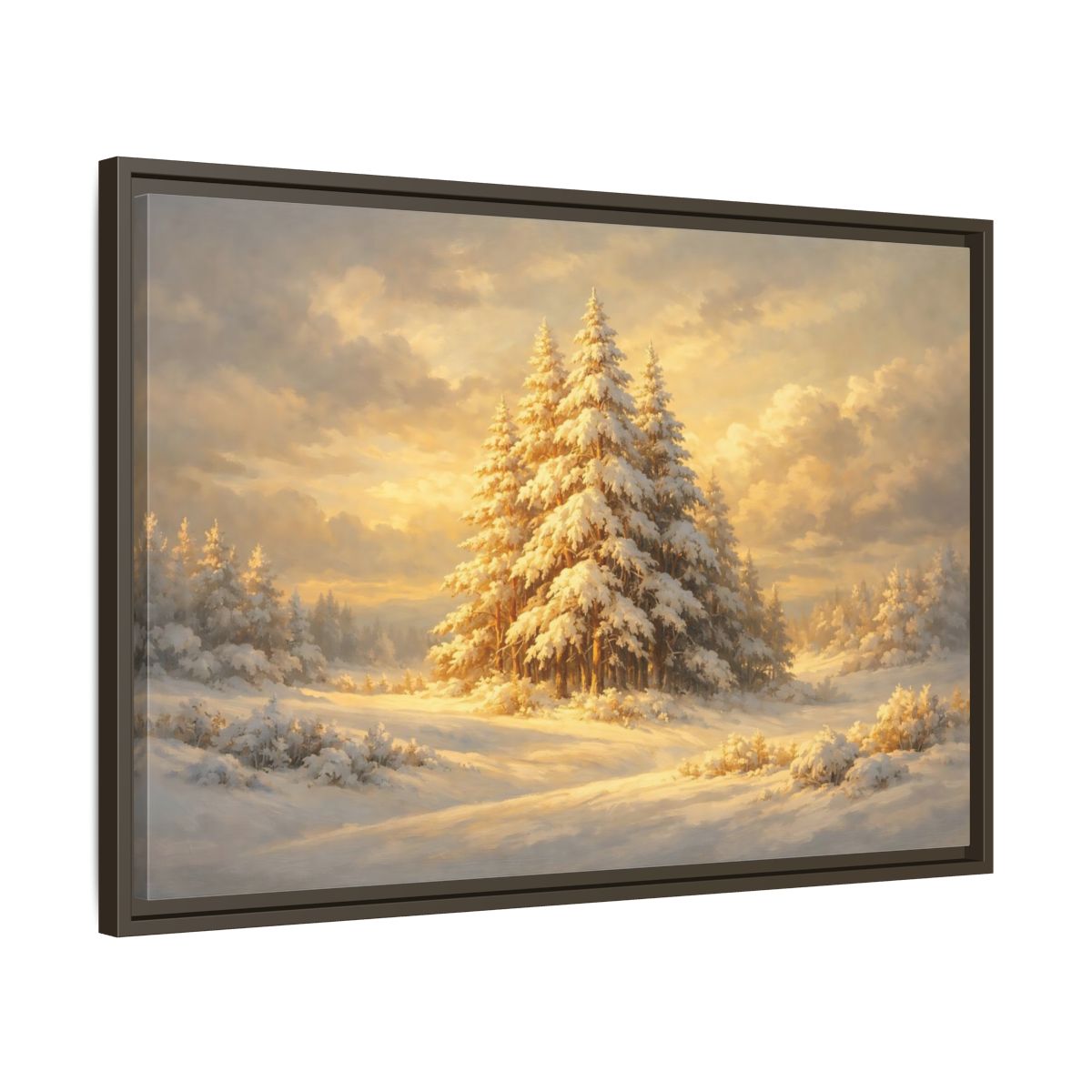 Side Mockup 11. Nature Winter Forest Snowy Winter Gold shown as stretched canvas wall art