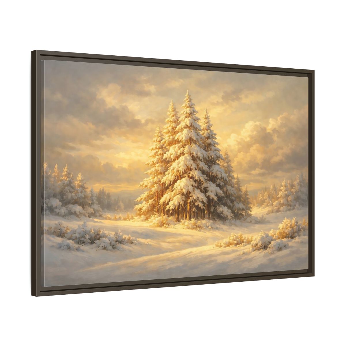 Side Mockup 9. Nature Winter Forest Snowy Winter Gold shown as stretched canvas wall art