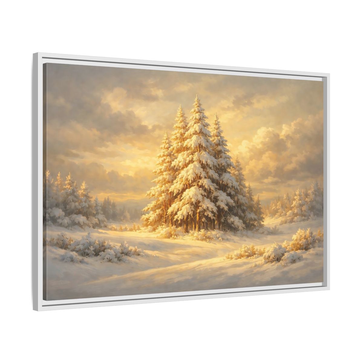 Side Mockup 8. Nature Winter Forest Snowy Winter Gold shown as stretched canvas wall art
