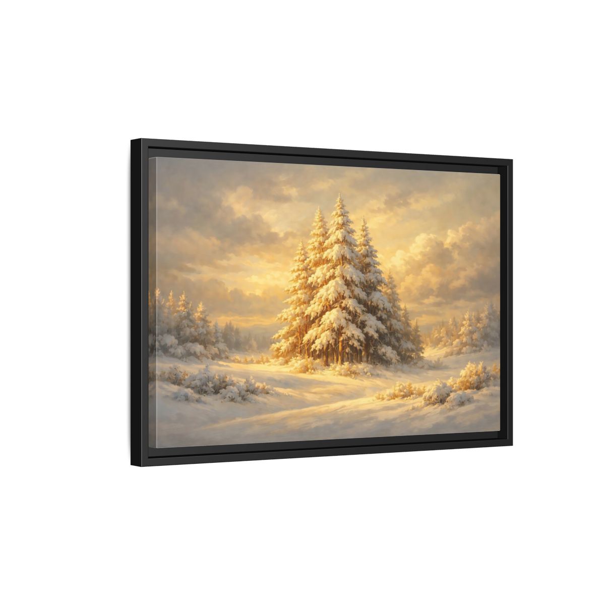 Side Mockup 3. Nature Winter Forest Snowy Winter Gold shown as stretched canvas wall art