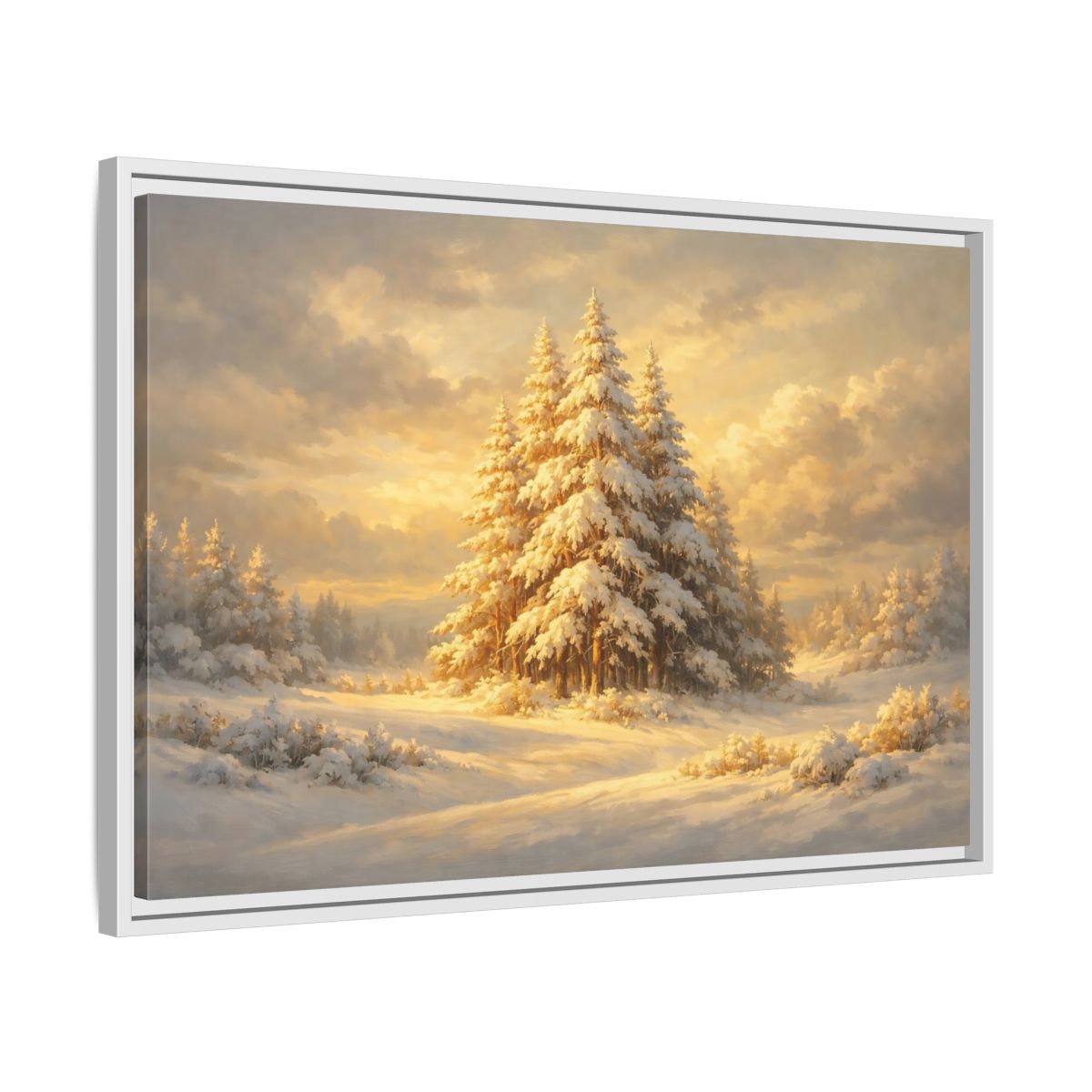 Side Mockup 10. Nature Winter Forest Snowy Winter Gold shown as stretched canvas wall art