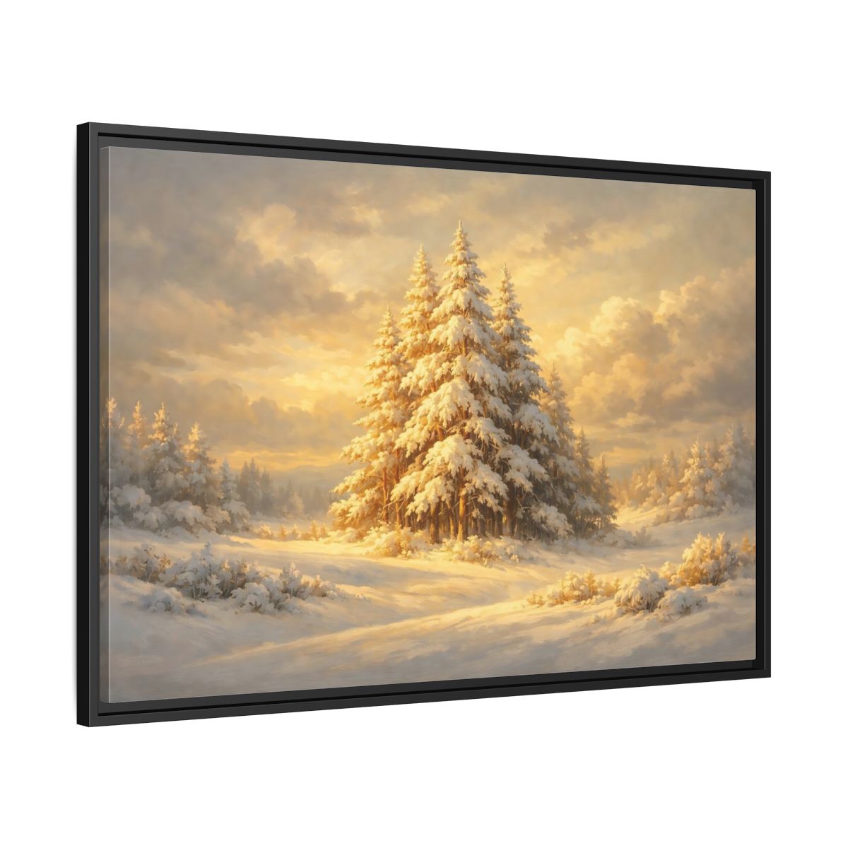 Side Mockup 13. Nature Winter Forest Snowy Winter Gold shown as stretched canvas wall art