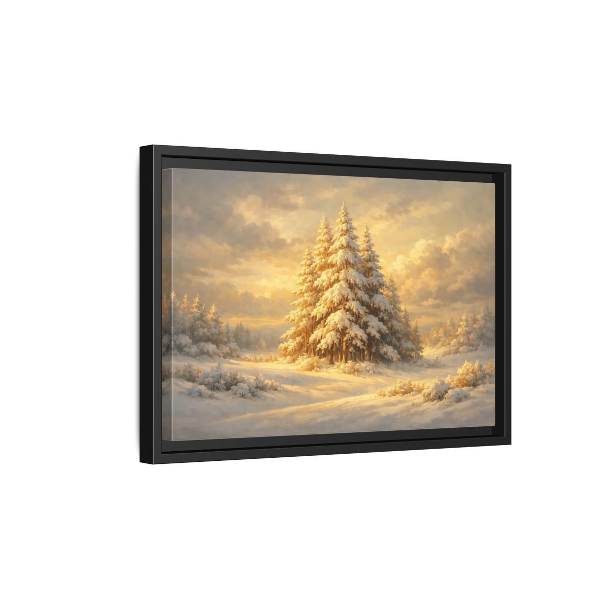 Side Mockup 6. Nature Winter Forest Snowy Winter Gold shown as stretched canvas wall art