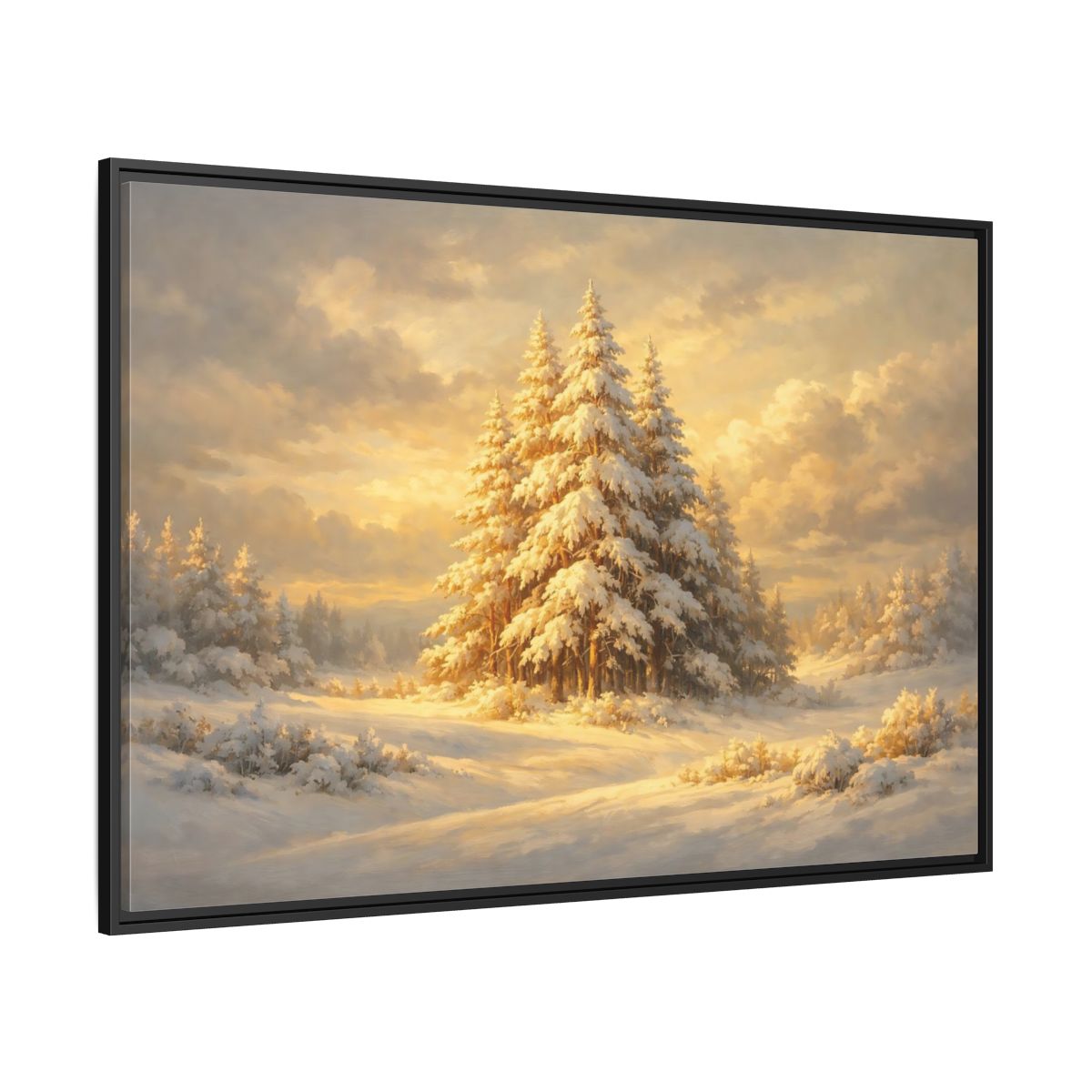 Side Mockup 12. Nature Winter Forest Snowy Winter Gold shown as stretched canvas wall art