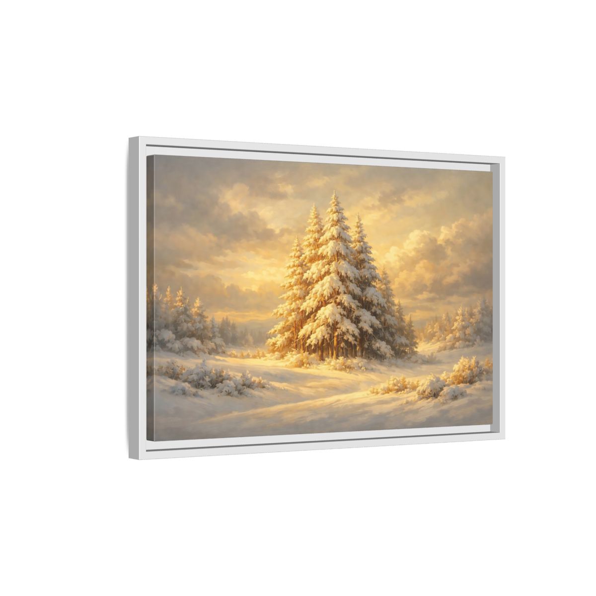 Side Mockup 1. Nature Winter Forest Snowy Winter Gold shown as stretched canvas wall art
