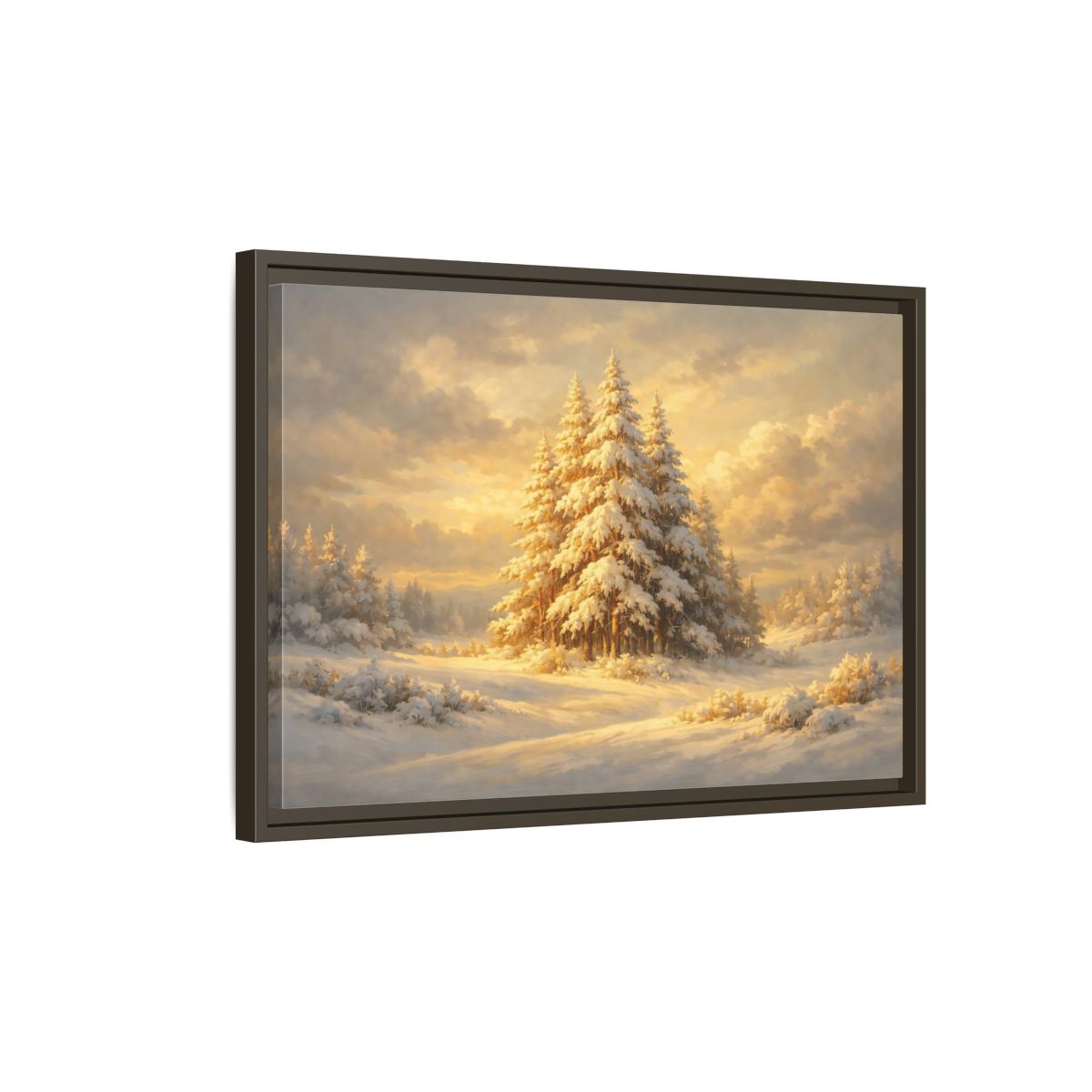 Side Mockup 2. Nature Winter Forest Snowy Winter Gold shown as stretched canvas wall art
