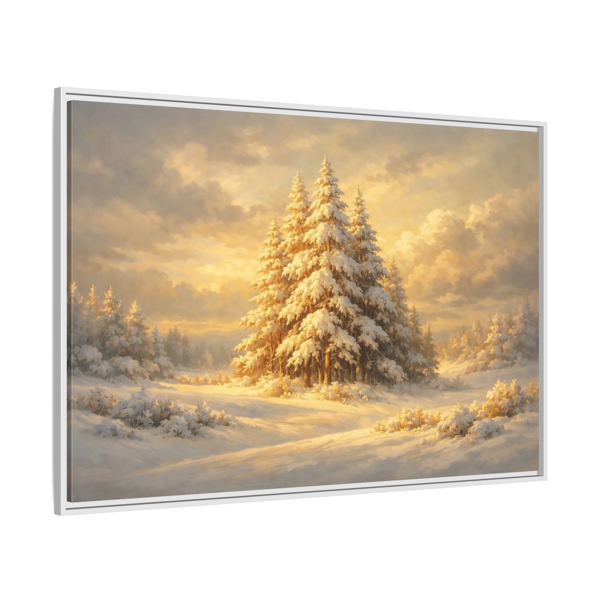 Side Mockup 7. Nature Winter Forest Snowy Winter Gold shown as stretched canvas wall art