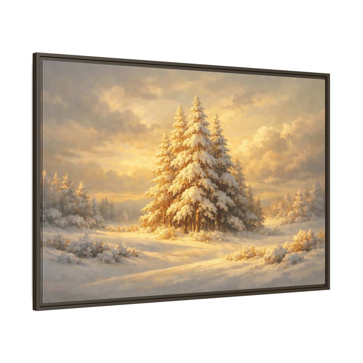 Main Mockup. Nature Winter Forest Snowy Winter Gold shown as stretched canvas wall art