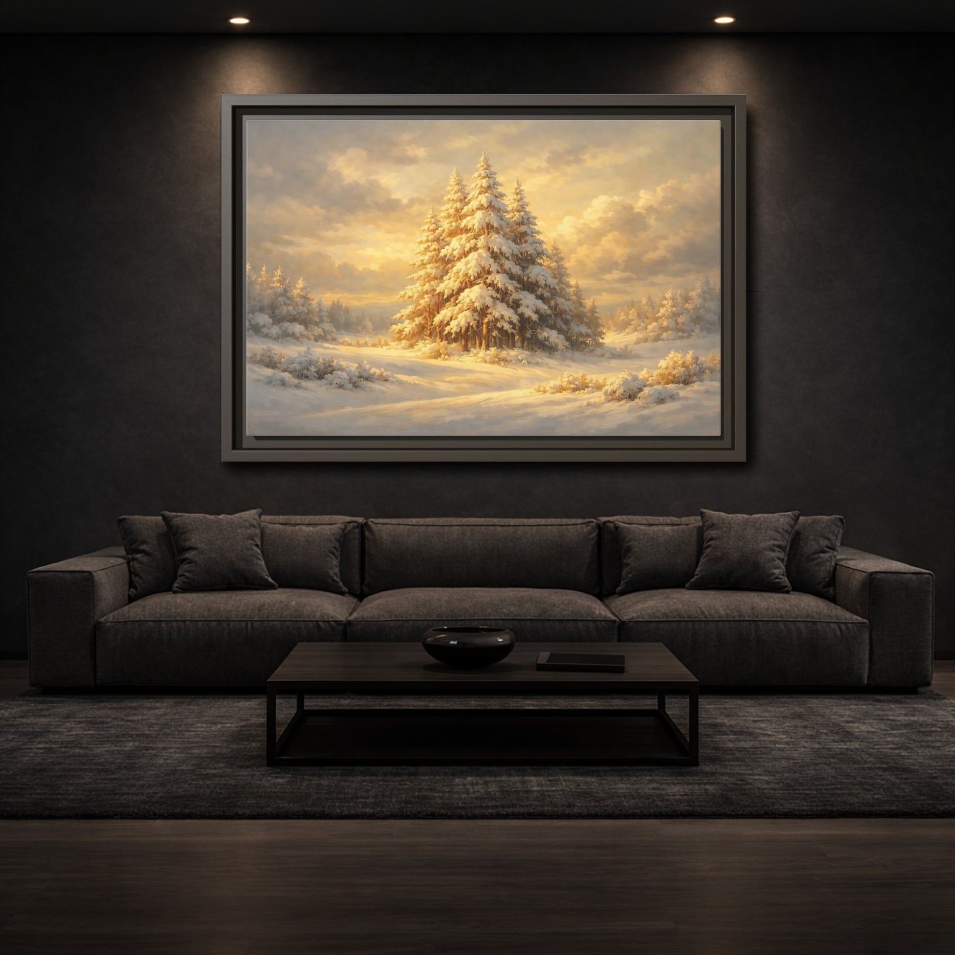 Mockup 2. Nature Winter Forest Snowy Winter Gold shown as stretched canvas wall art