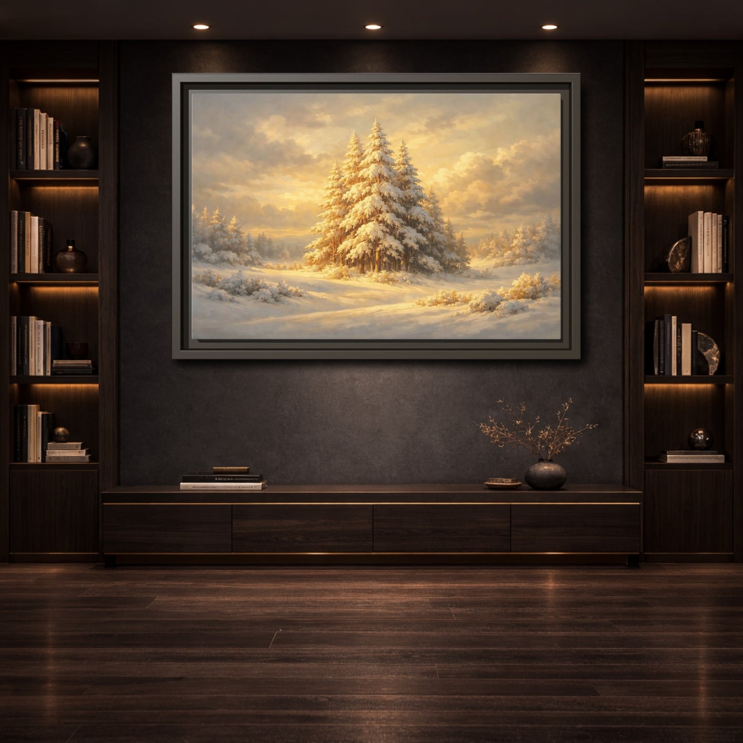 Mockup 3. Nature Winter Forest Snowy Winter Gold shown as stretched canvas wall art