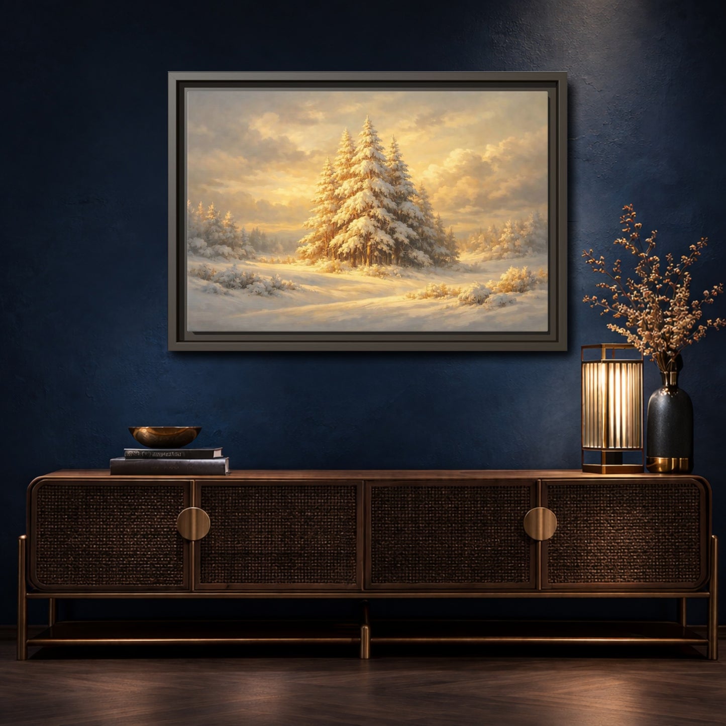 Mockup 4. Nature Winter Forest Snowy Winter Gold shown as stretched canvas wall art