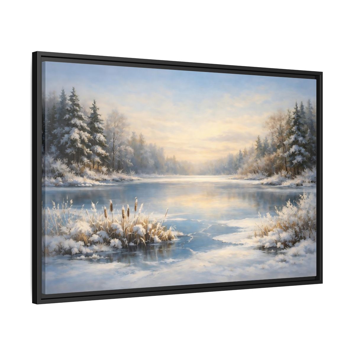 Side Mockup 13. Nature Winter Lake Blue And White Landscape shown as stretched canvas wall art