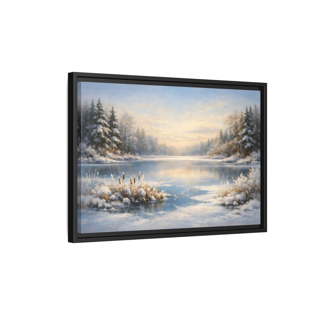 Side Mockup 3. Nature Winter Lake Blue And White Landscape shown as stretched canvas wall art