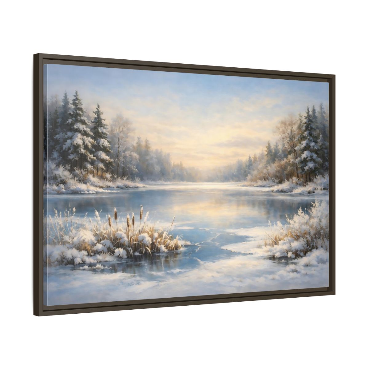 Side Mockup 9. Nature Winter Lake Blue And White Landscape shown as stretched canvas wall art