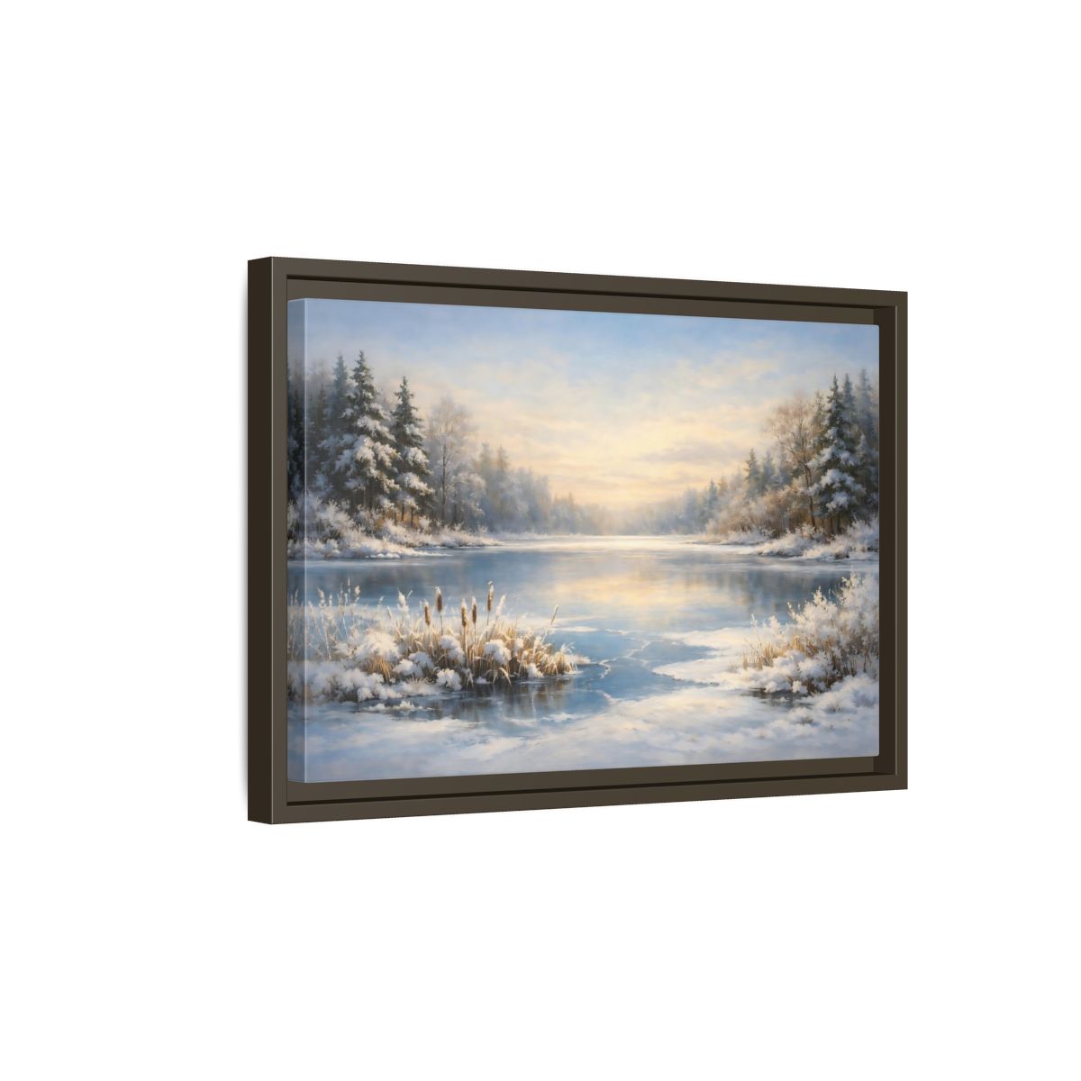 Side Mockup 5. Nature Winter Lake Blue And White Landscape shown as stretched canvas wall art