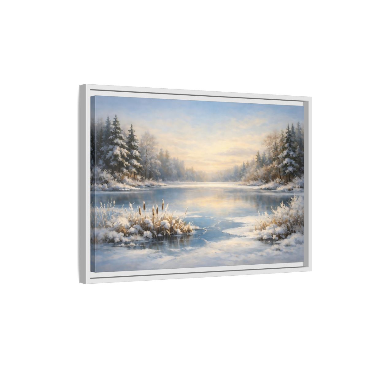 Side Mockup 1. Nature Winter Lake Blue And White Landscape shown as stretched canvas wall art