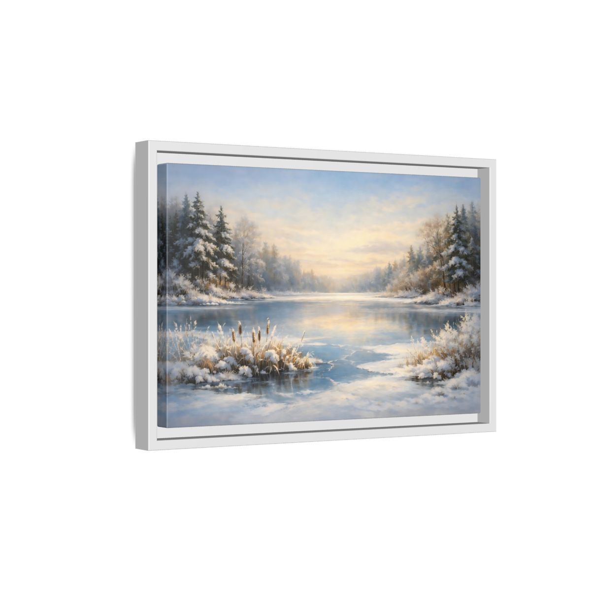Side Mockup 4. Nature Winter Lake Blue And White Landscape shown as stretched canvas wall art