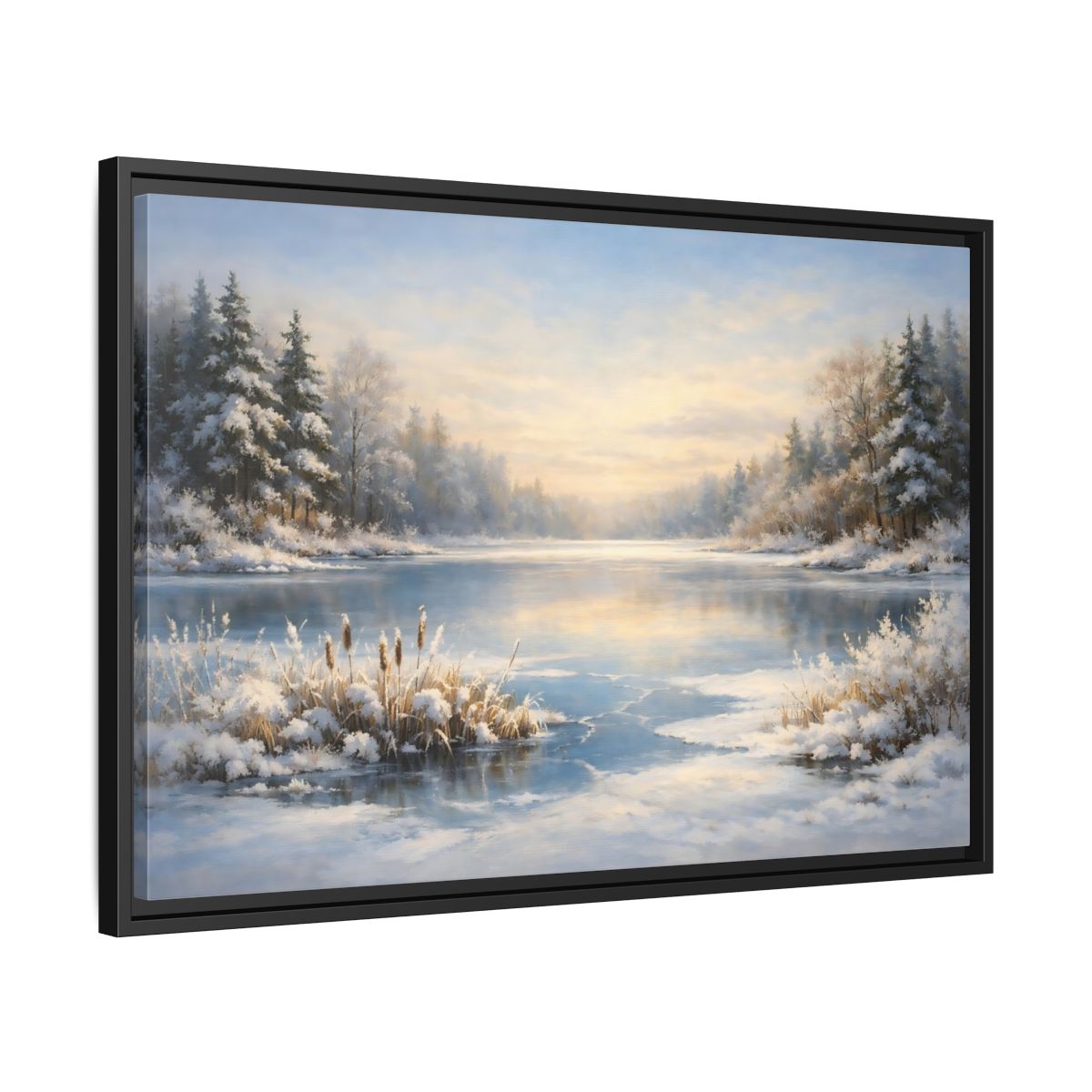 Side Mockup 14. Nature Winter Lake Blue And White Landscape shown as stretched canvas wall art