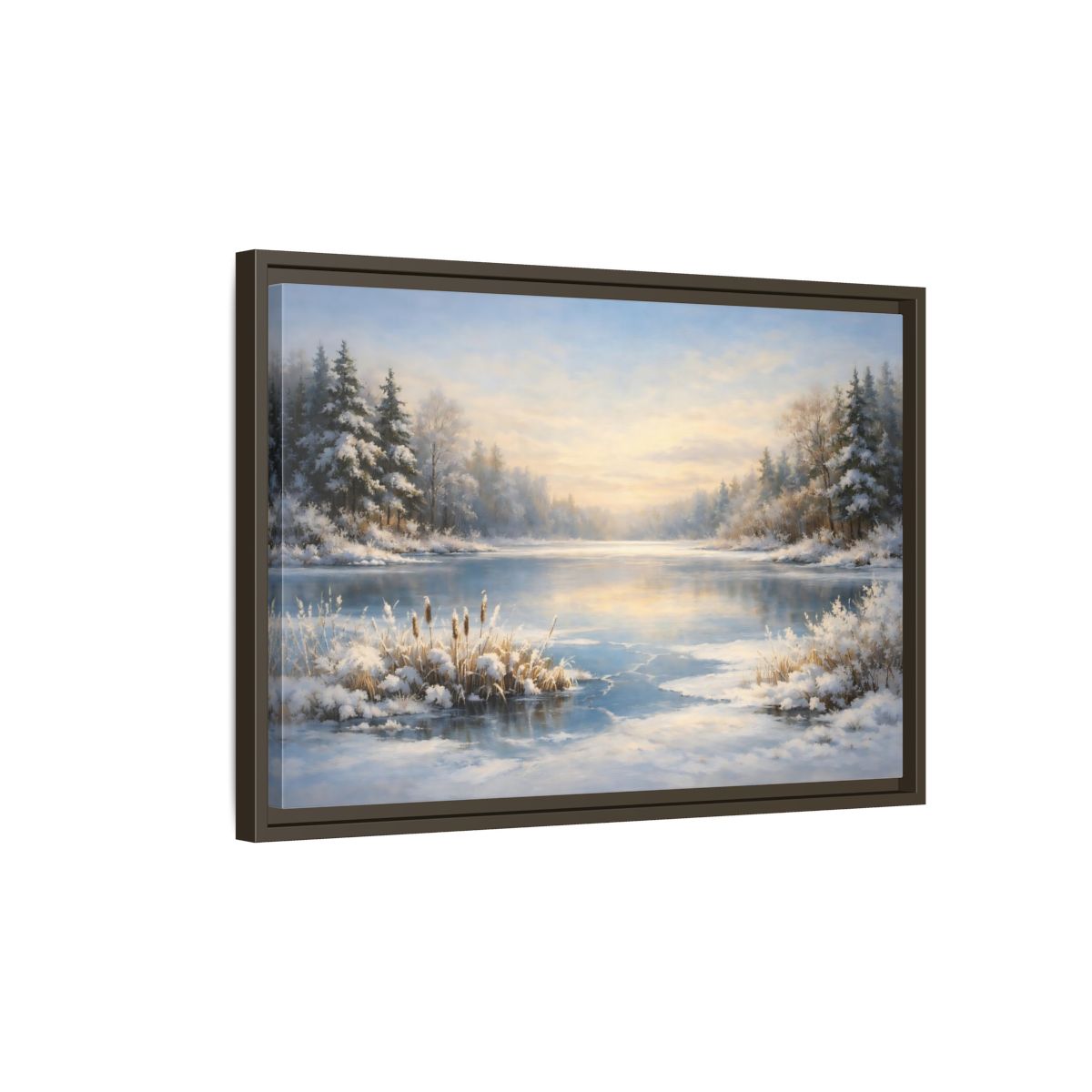 Side Mockup 2. Nature Winter Lake Blue And White Landscape shown as stretched canvas wall art