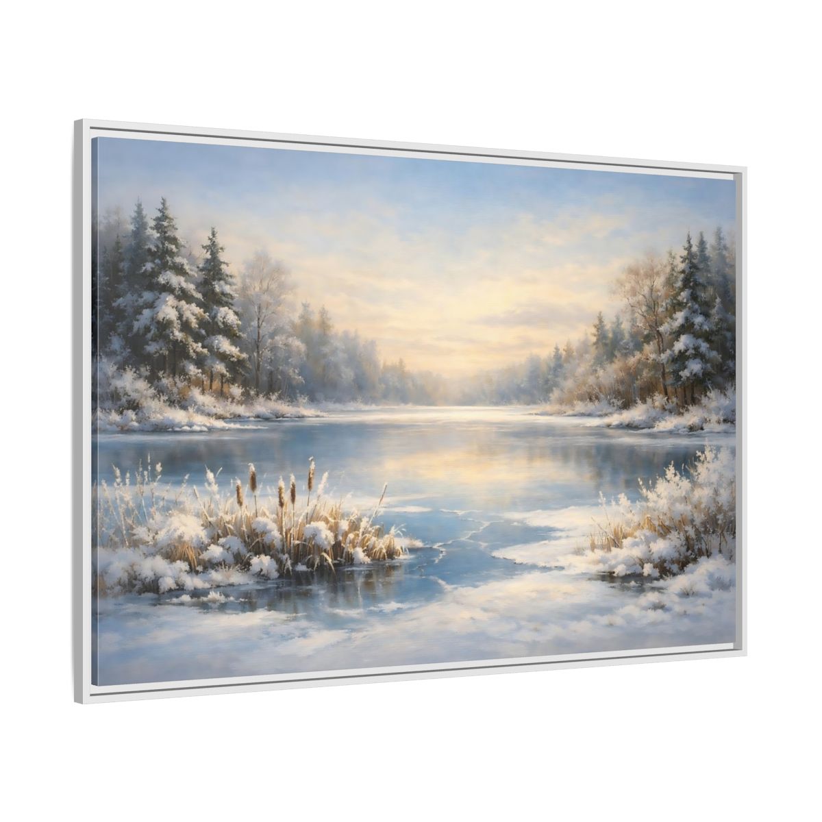 Side Mockup 7. Nature Winter Lake Blue And White Landscape shown as stretched canvas wall art