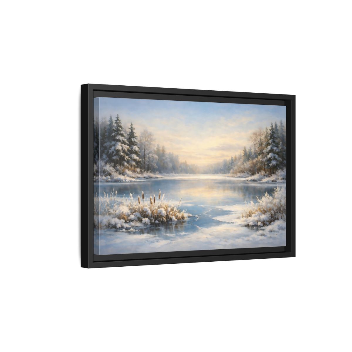 Side Mockup 6. Nature Winter Lake Blue And White Landscape shown as stretched canvas wall art