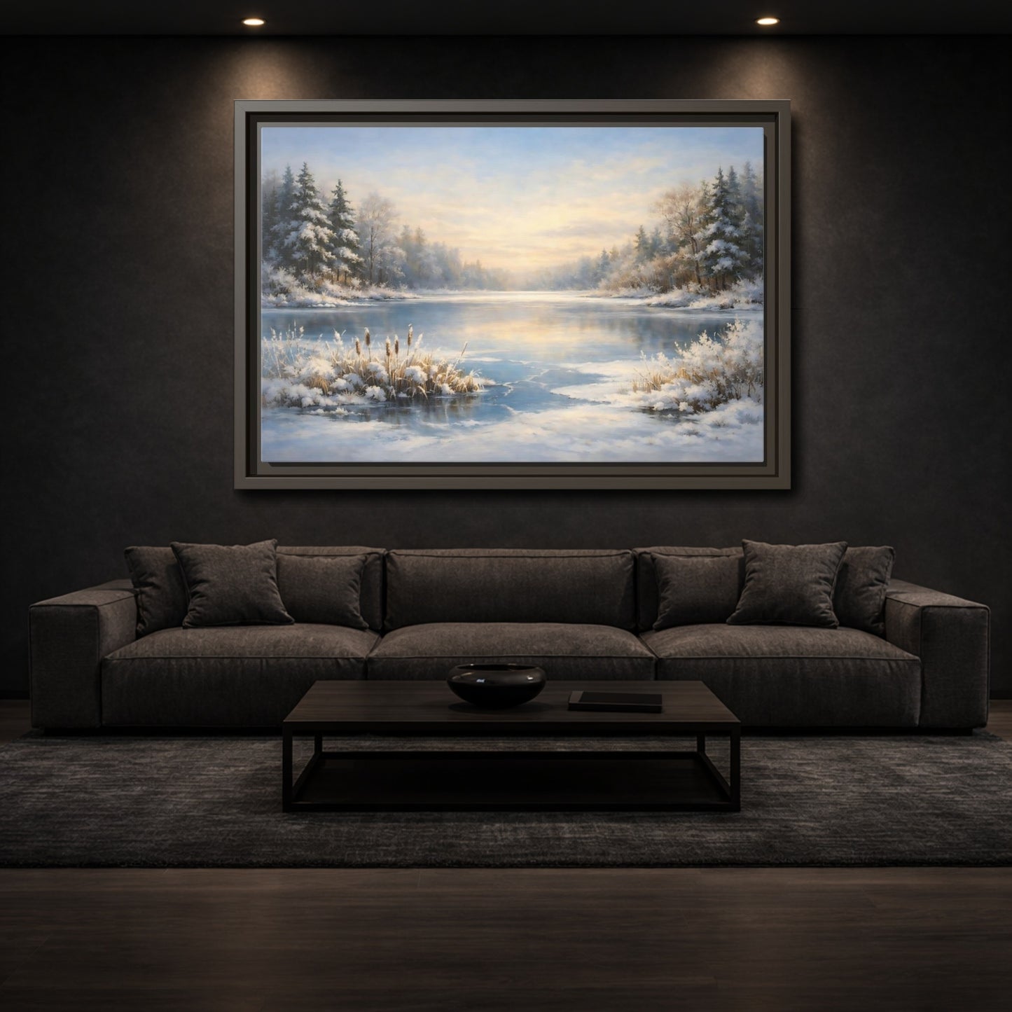 Mockup 2. Nature Winter Lake Blue And White Landscape shown as stretched canvas wall art