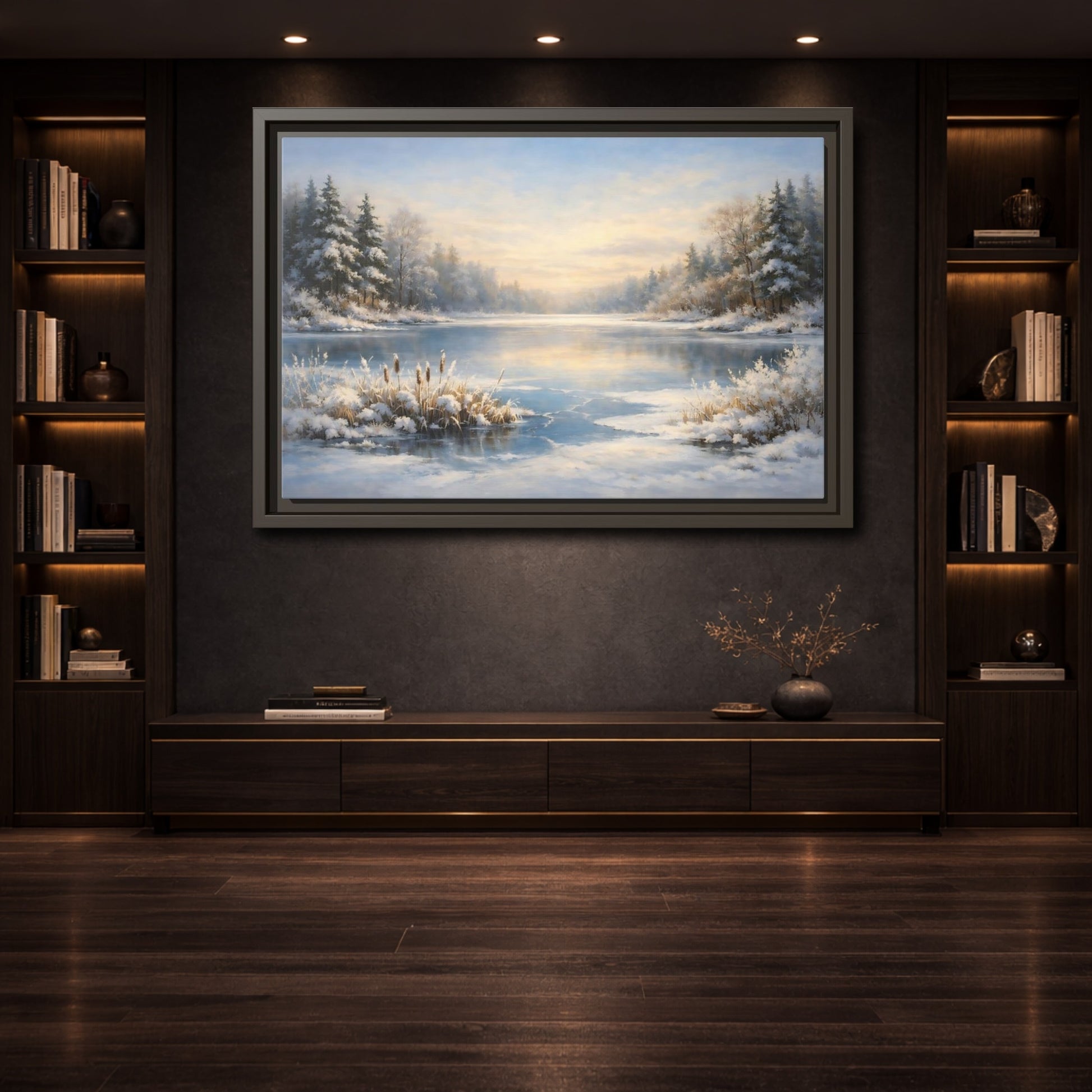 Mockup 3. Nature Winter Lake Blue And White Landscape shown as stretched canvas wall art