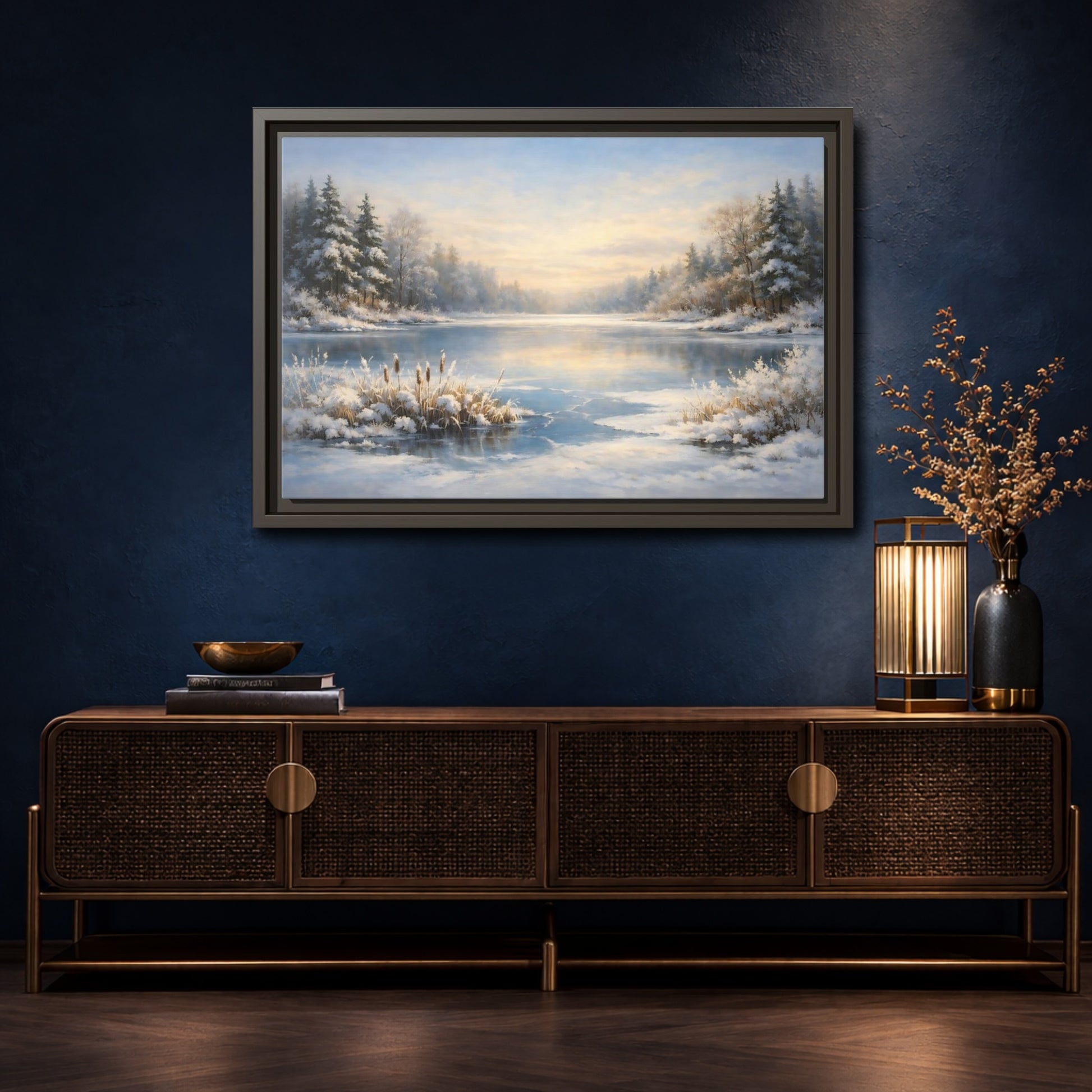 Mockup 4. Nature Winter Lake Blue And White Landscape shown as stretched canvas wall art