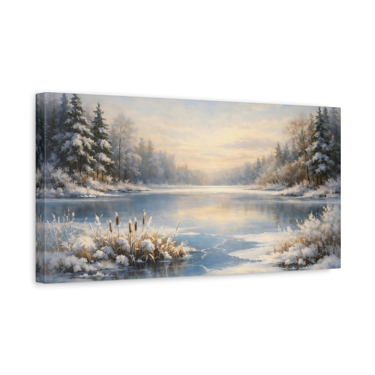 Side Mockup 3. Nature Winter Lake Winter Landscape shown as stretched canvas wall art