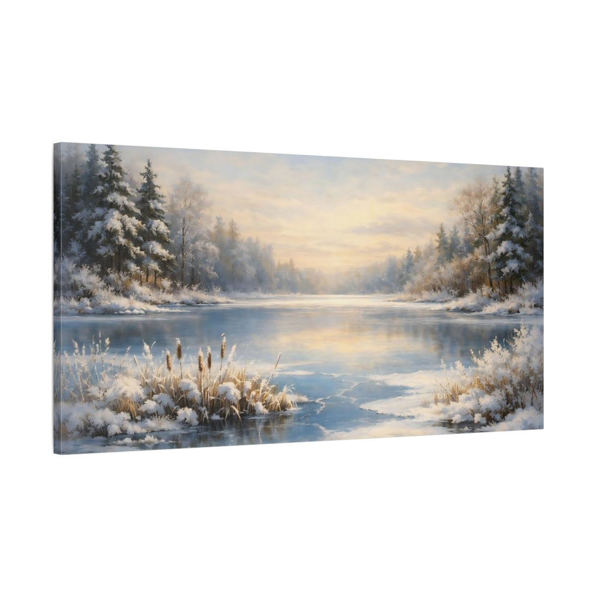 Side Mockup 1. Nature Winter Lake Winter Landscape shown as stretched canvas wall art