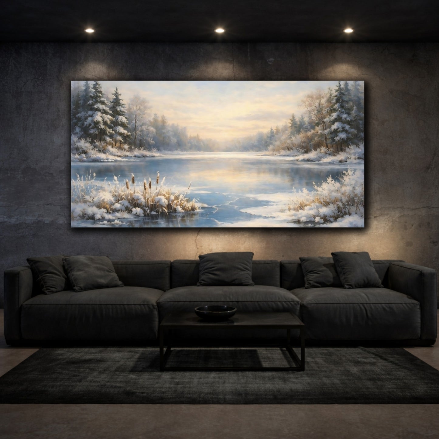 Mockup 2. Nature Winter Lake Winter Landscape shown as stretched canvas wall art