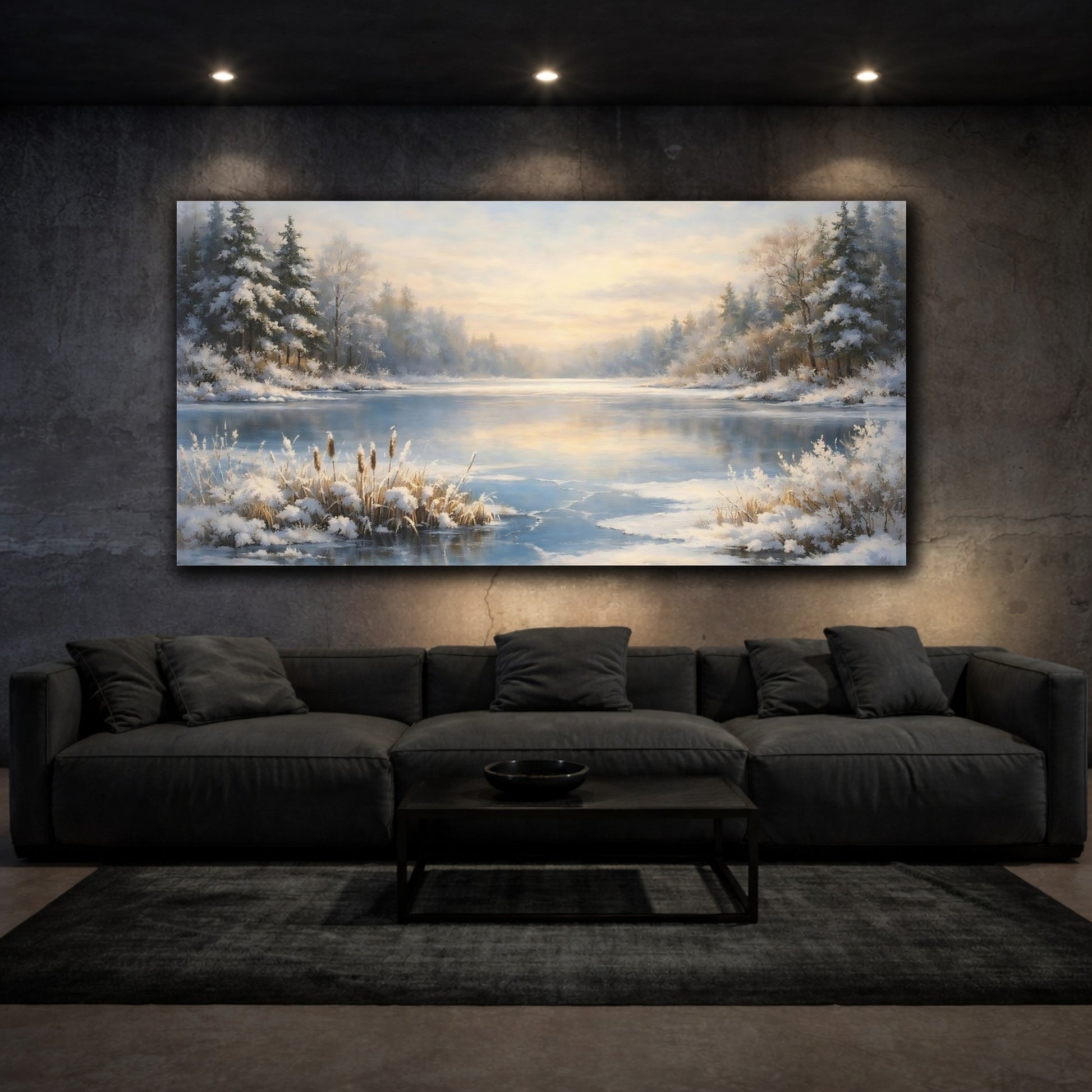 Mockup 2. Nature Winter Lake Winter Landscape shown as stretched canvas wall art