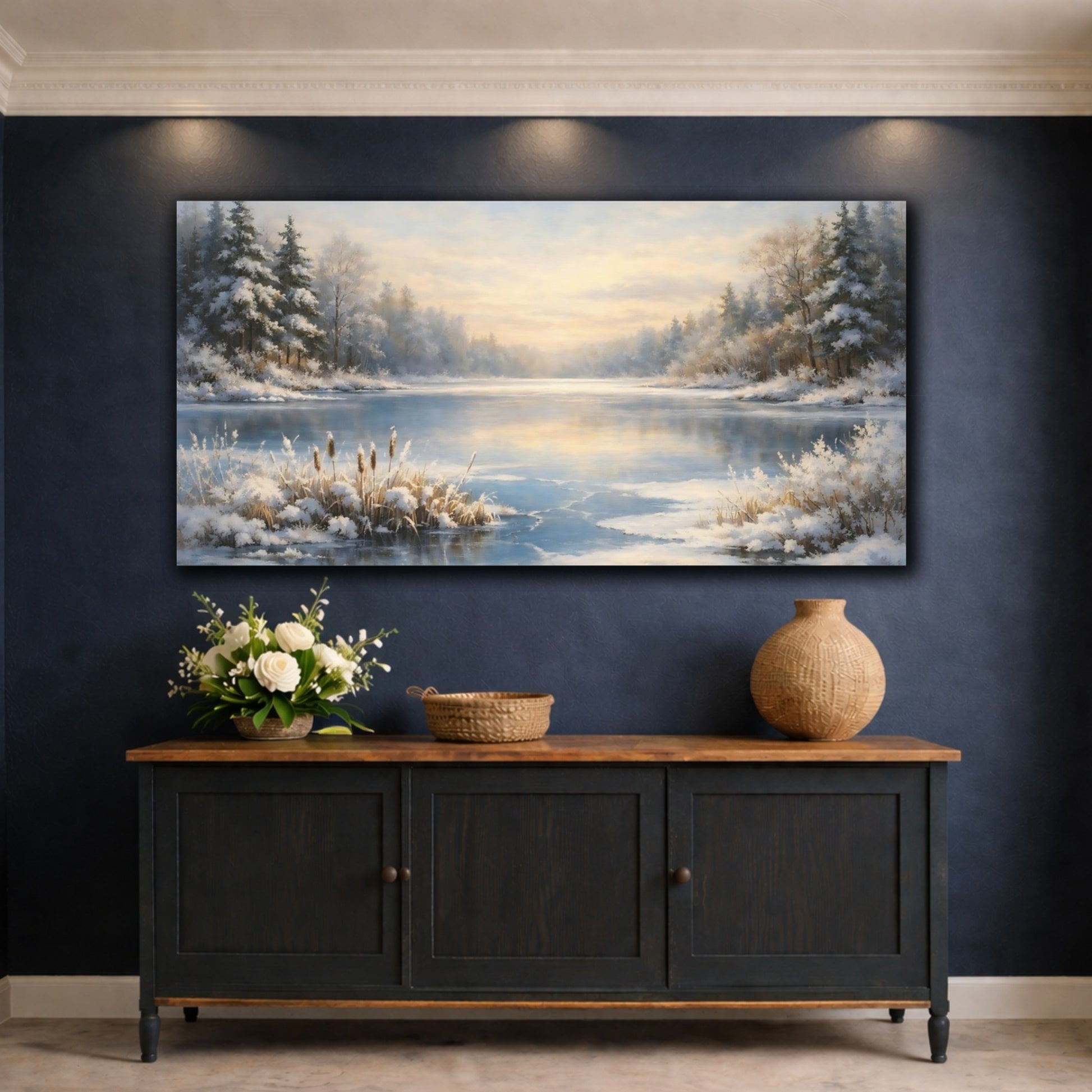 Mockup 4. Nature Winter Lake Winter Landscape shown as stretched canvas wall art