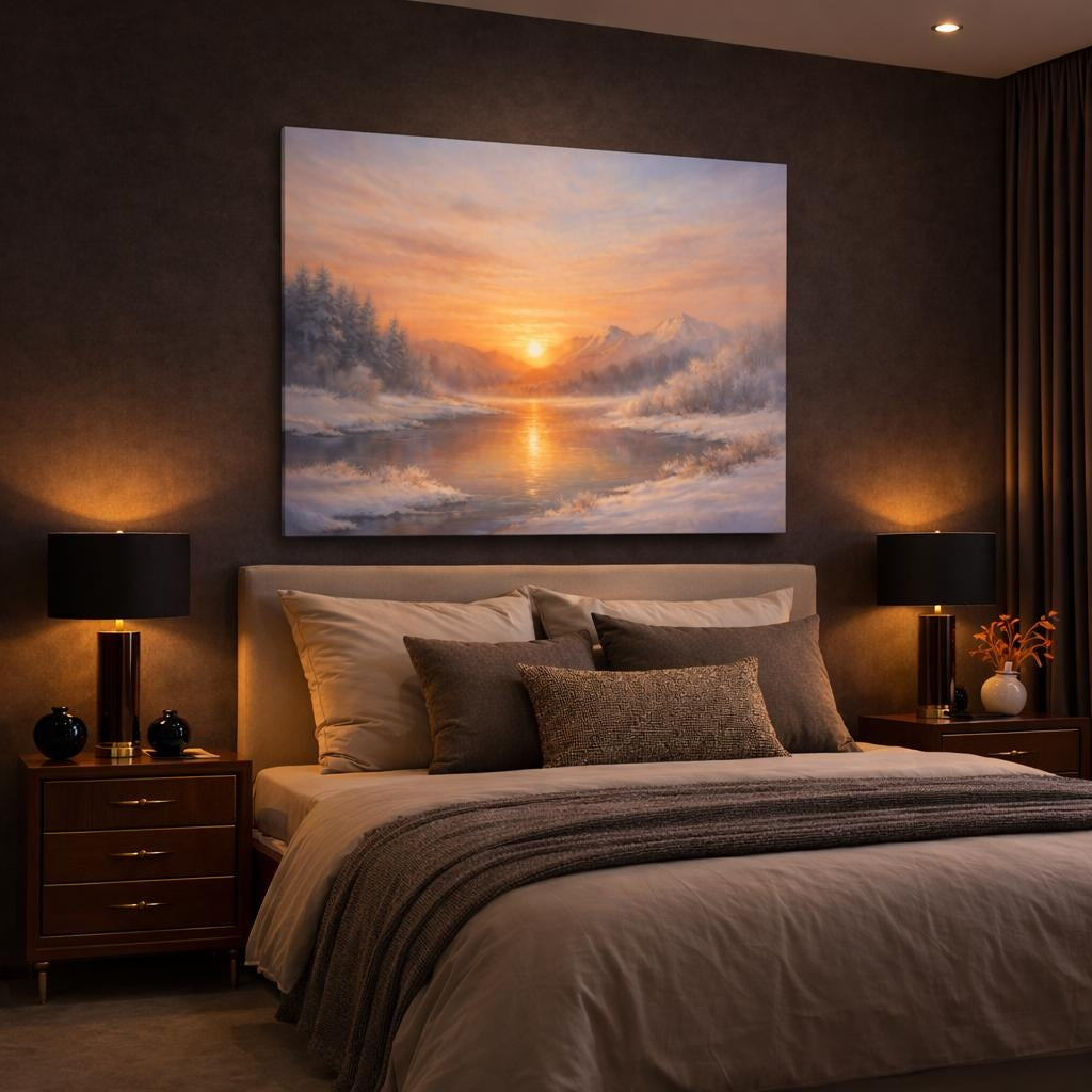 Nature Winter Landscape Golden Winter Landscape shown as canvas wall art in a luxury bedroom