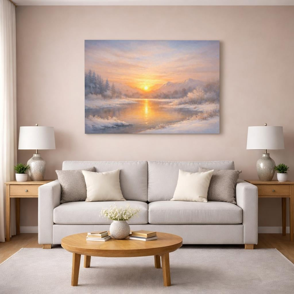 Nature Winter Landscape Golden Winter Landscape shown as canvas wall art in a modern living room