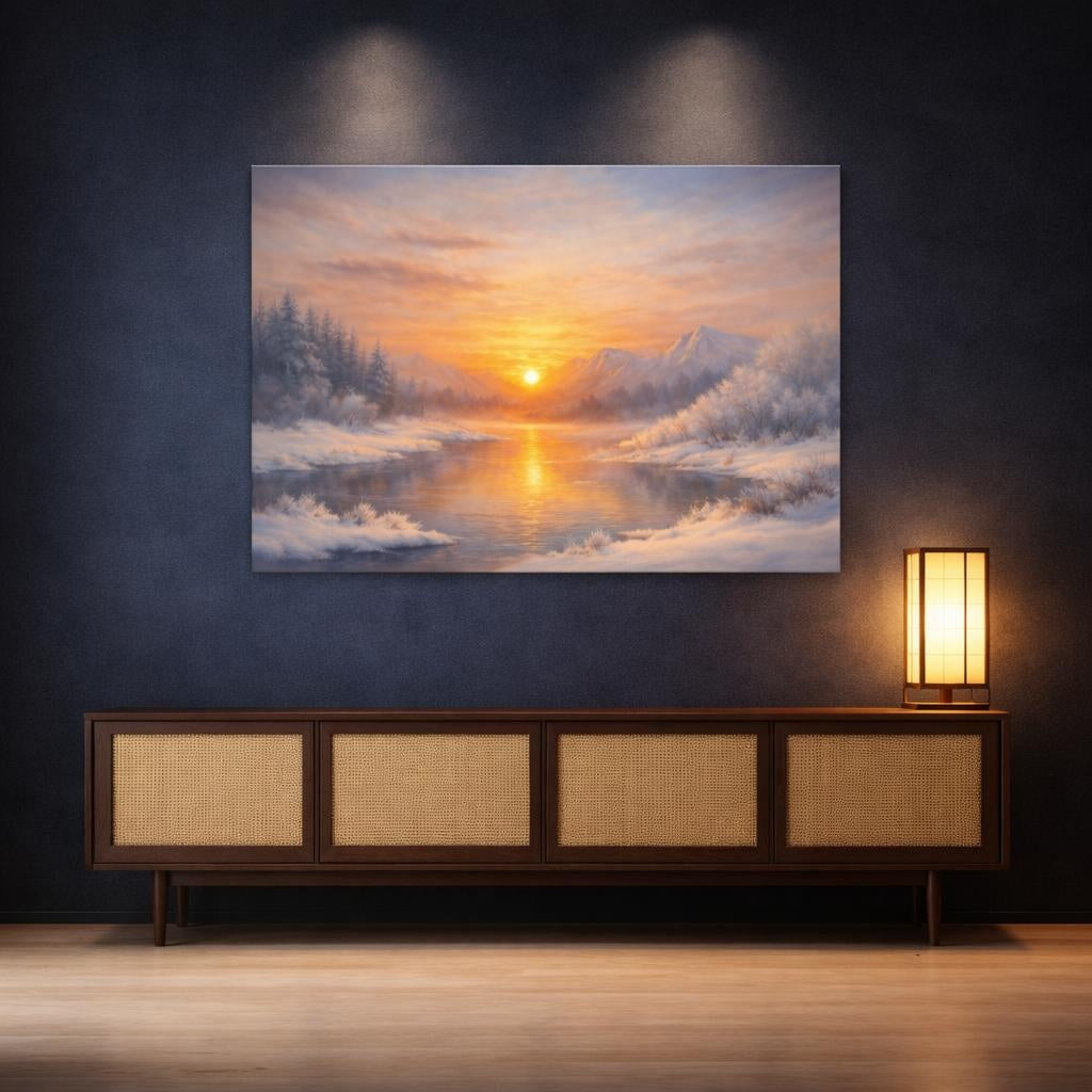 Nature Winter Landscape Golden Winter Landscape shown as canvas wall art in a sophisticated contemporary living space
