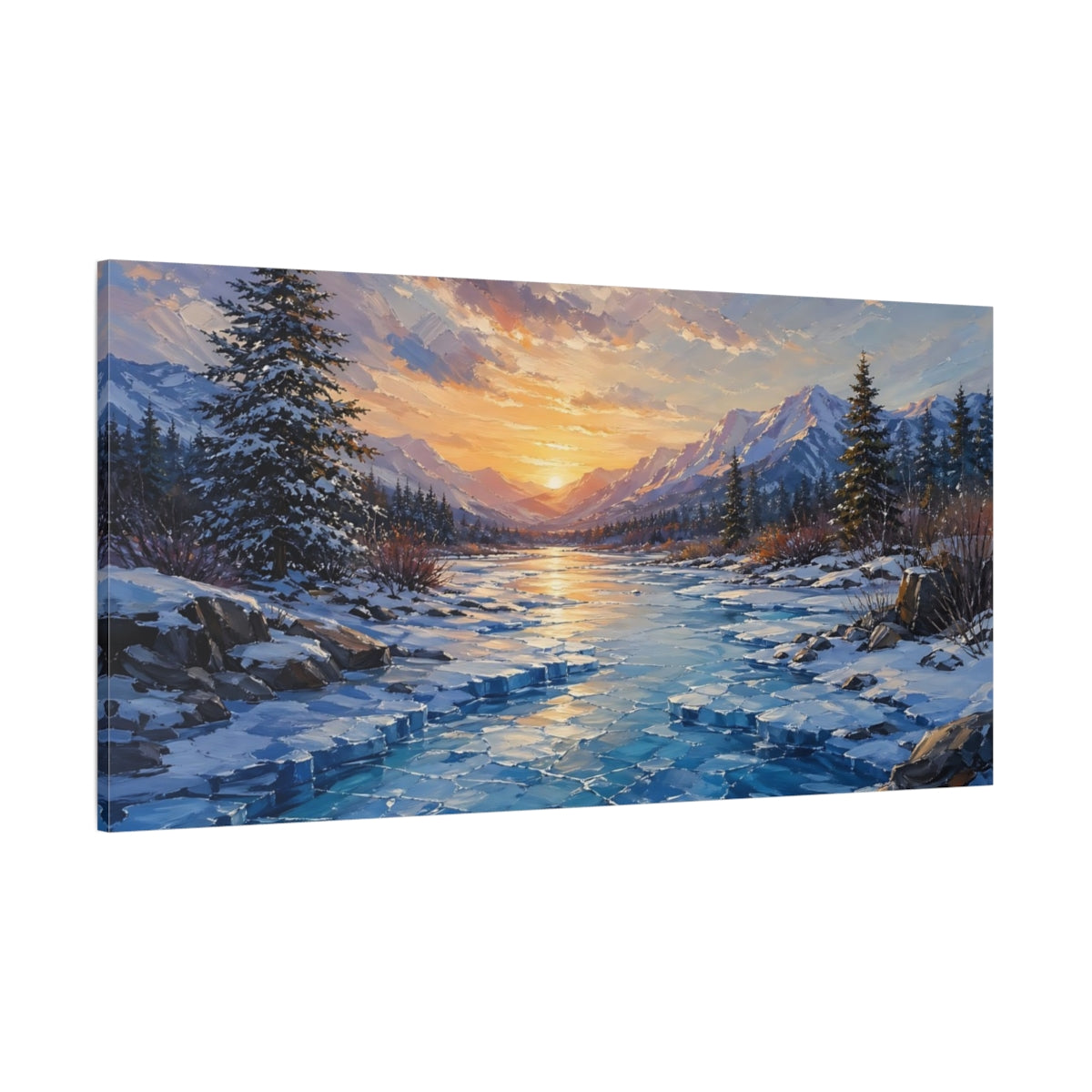 Side Mockup 2. Nature Winter Landscape Winter Mountains Sunset shown as stretched canvas wall art