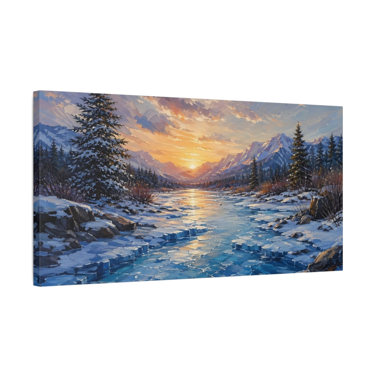 Side Mockup 1. Nature Winter Landscape Winter Mountains Sunset shown as stretched canvas wall art