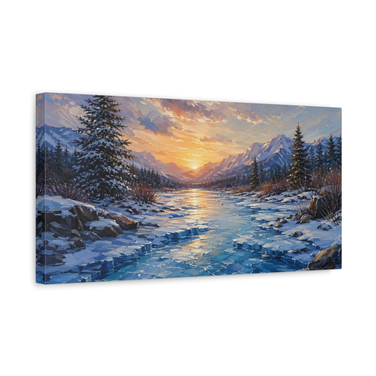 Side Mockup 3. Nature Winter Landscape Winter Mountains Sunset shown as stretched canvas wall art