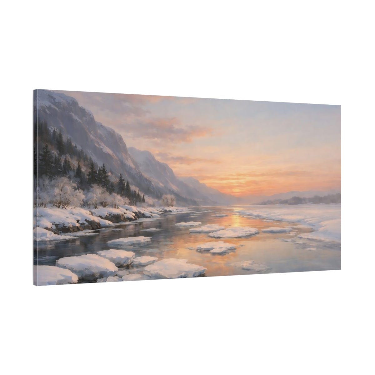 Nature Winter Landscape River Sunset - Canvas Wall Art Print - YesArtYes