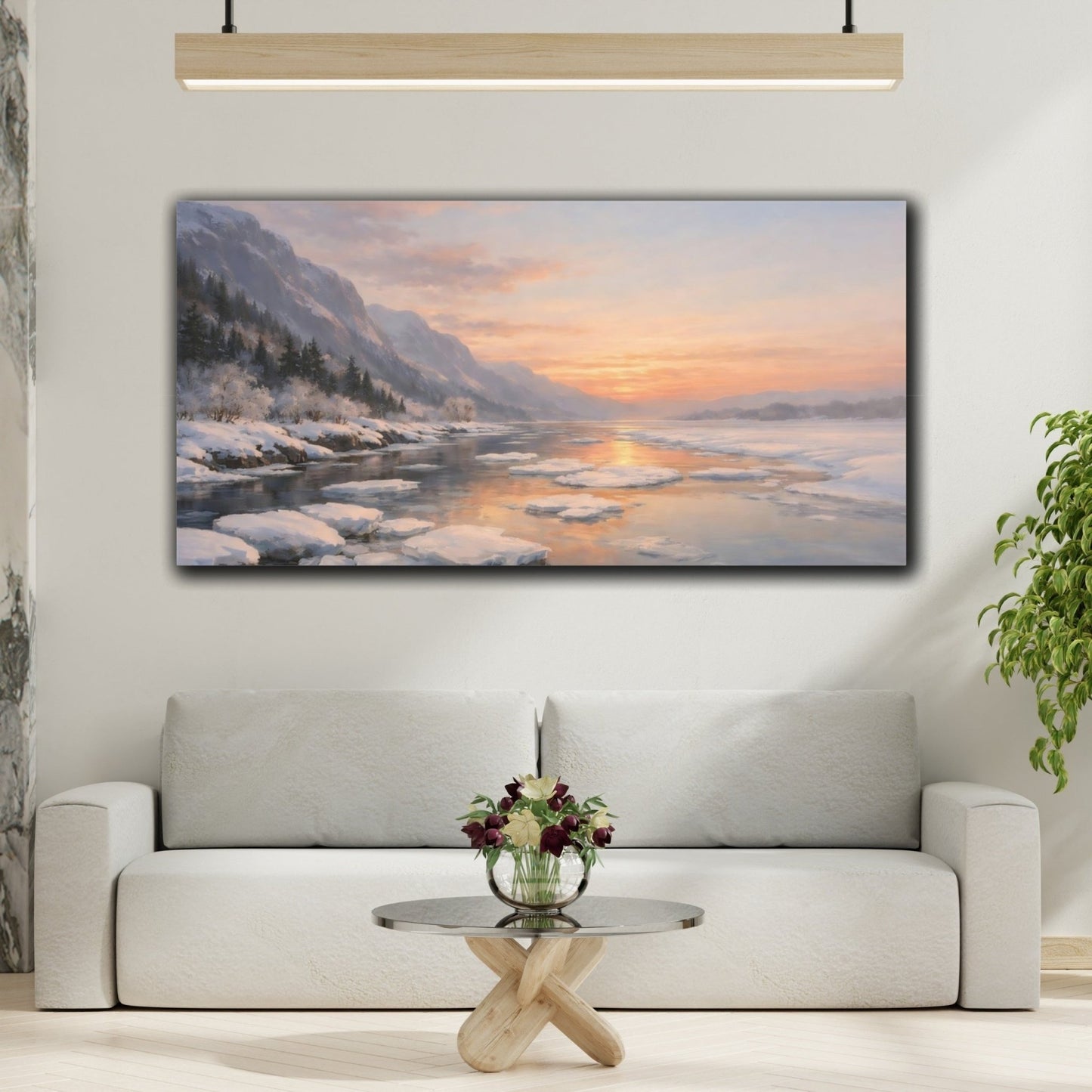 Nature Winter Landscape River Sunset - Canvas Wall Art Print - YesArtYes