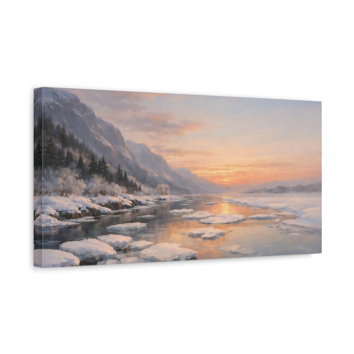 Nature Winter Landscape River Sunset - Canvas Wall Art Print - YesArtYes